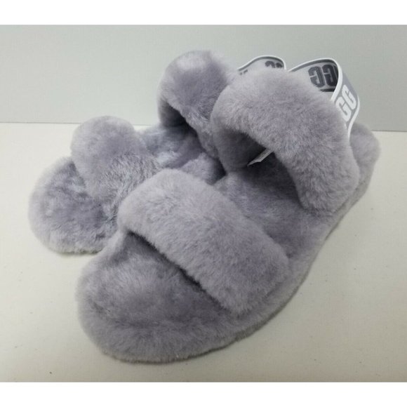 UGG Oh Yeah Fluffy Gray Slide Sandals Size 8 39 - Picture 2 of 6